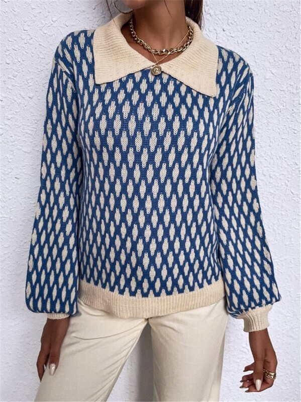 Ženski pleteni džemperi Basic topli vintage plavi pulover pleteni preveliki debeli široki karirani pulover džemper za žene 2024.