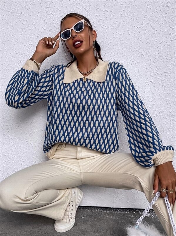 Ženski pleteni džemperi Basic topli vintage plavi pulover pleteni preveliki debeli široki karirani pulover džemper za žene 2024.