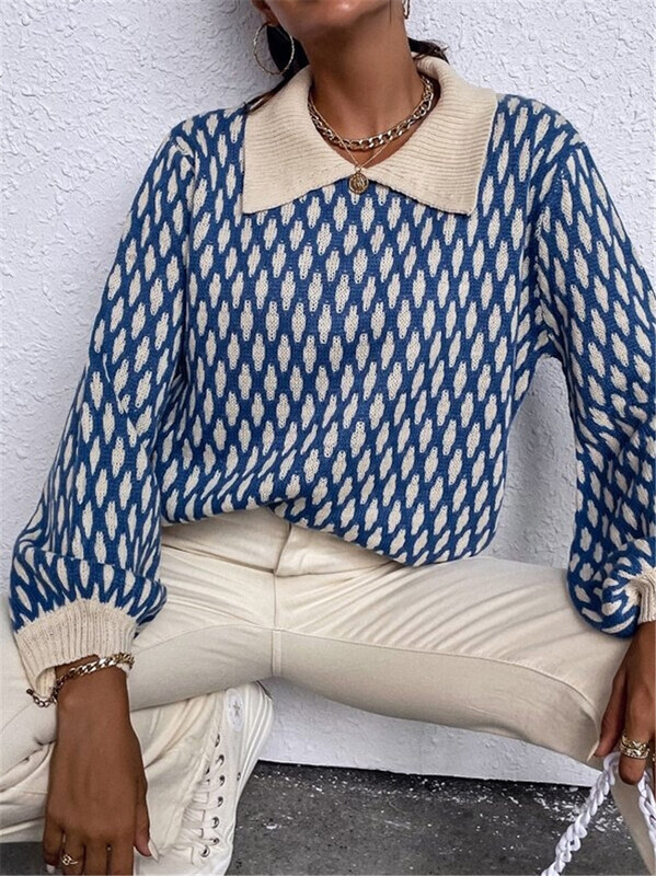 Ženski pleteni džemperi Basic topli vintage plavi pulover pleteni preveliki debeli široki karirani pulover džemper za žene 2024.