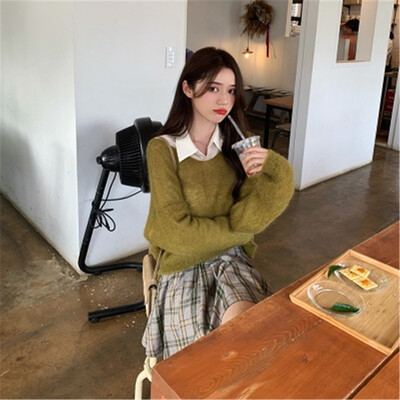 Jesenski ženski pleteni pulover Jednobojni moher pulover s V izrezom Slatki široki pleteni veste dugih rukava Džemperi na vuču Ženske majice