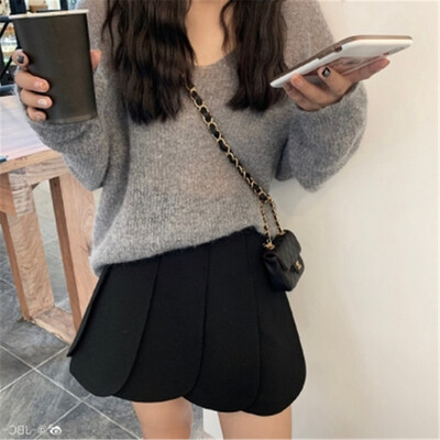 Jesenski ženski pleteni pulover Jednobojni moher pulover s V izrezom Slatki široki pleteni veste dugih rukava Džemperi na vuču Ženske majice