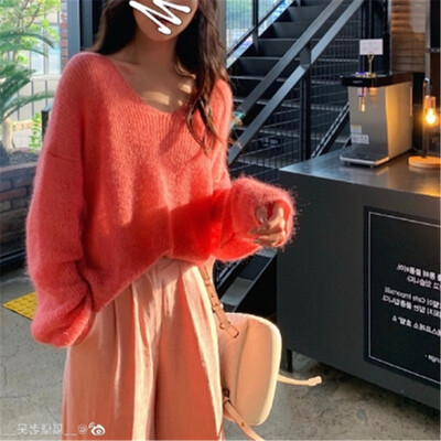 Jesenski ženski pleteni pulover Jednobojni moher pulover s V izrezom Slatki široki pleteni veste dugih rukava Džemperi na vuču Ženske majice