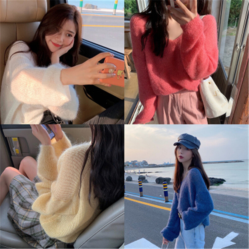 Jesenski ženski pleteni pulover Jednobojni moher pulover s V izrezom Slatki široki pleteni veste dugih rukava Džemperi na vuču Ženske majice