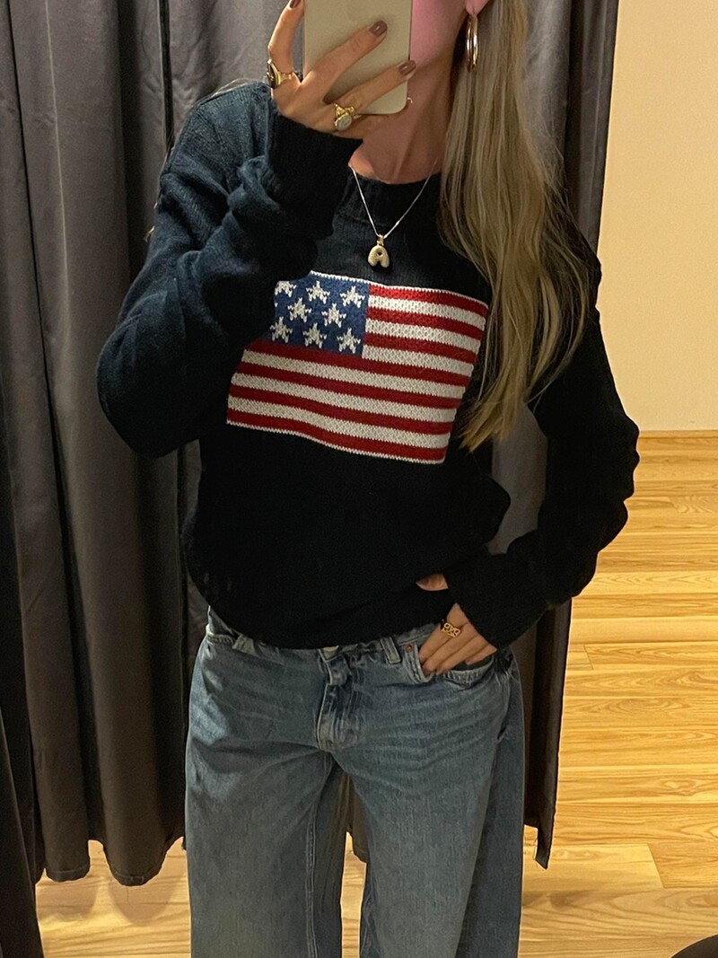 Tricoturi largi de toamnă pentru femei, cu imprimeu cu steagul Americii, cu mânecă lungă, cu gât rotund