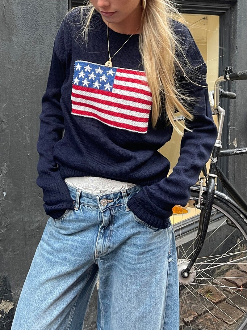 Tricoturi largi de toamnă pentru femei, cu imprimeu cu steagul Americii, cu mânecă lungă, cu gât rotund