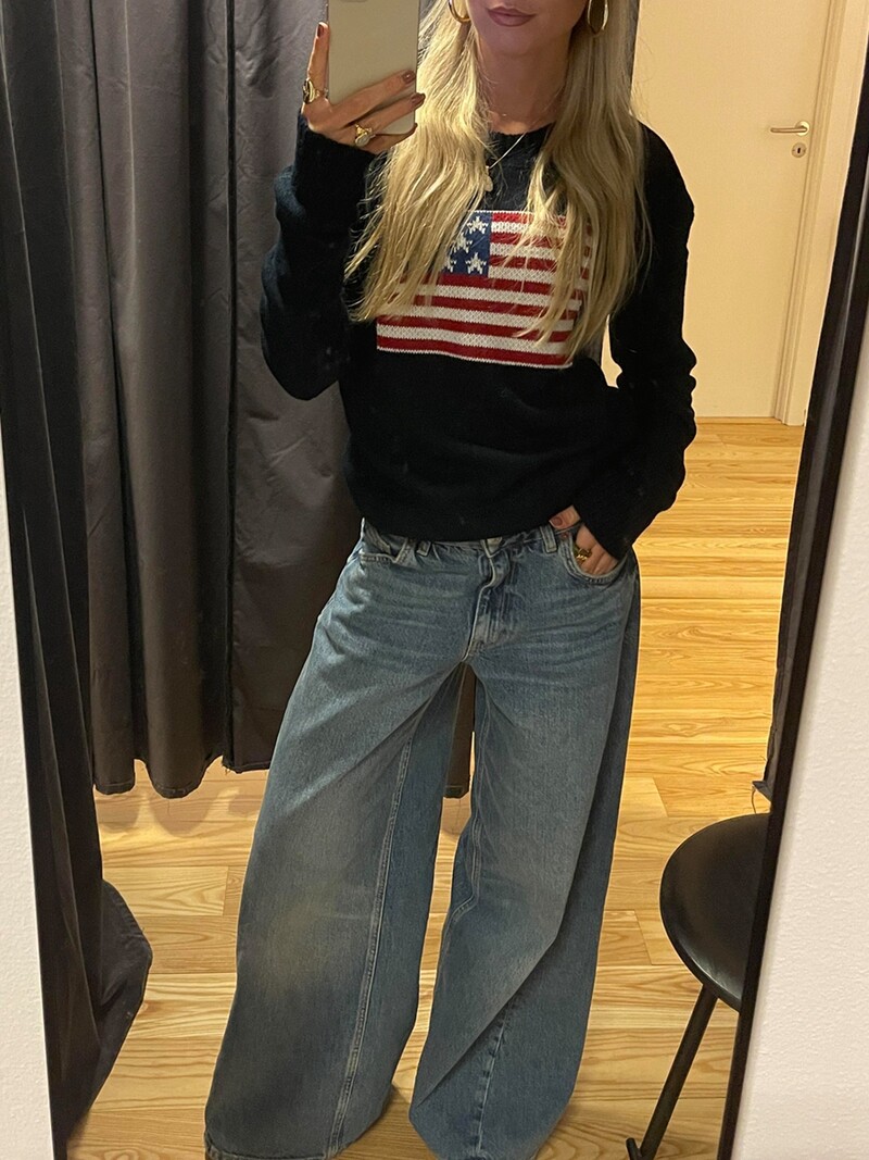 Tricoturi largi de toamnă pentru femei, cu imprimeu cu steagul Americii, cu mânecă lungă, cu gât rotund