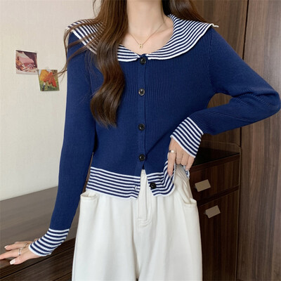 harajuku Ženski pulover proljeće jesen Pleteni kardigan Mornarski ovratnik tanki donji dio Majica na pruge Mekana pletiva Džemperi Džemperi