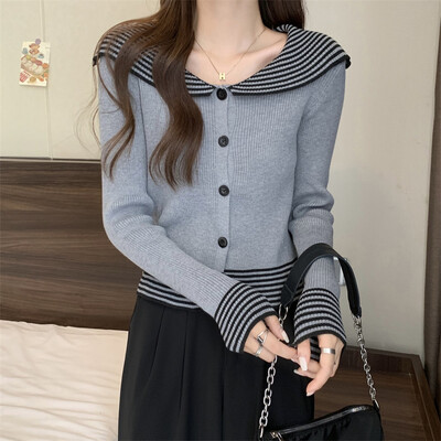 harajuku Ženski pulover proljeće jesen Pleteni kardigan Mornarski ovratnik tanki donji dio Majica na pruge Mekana pletiva Džemperi Džemperi