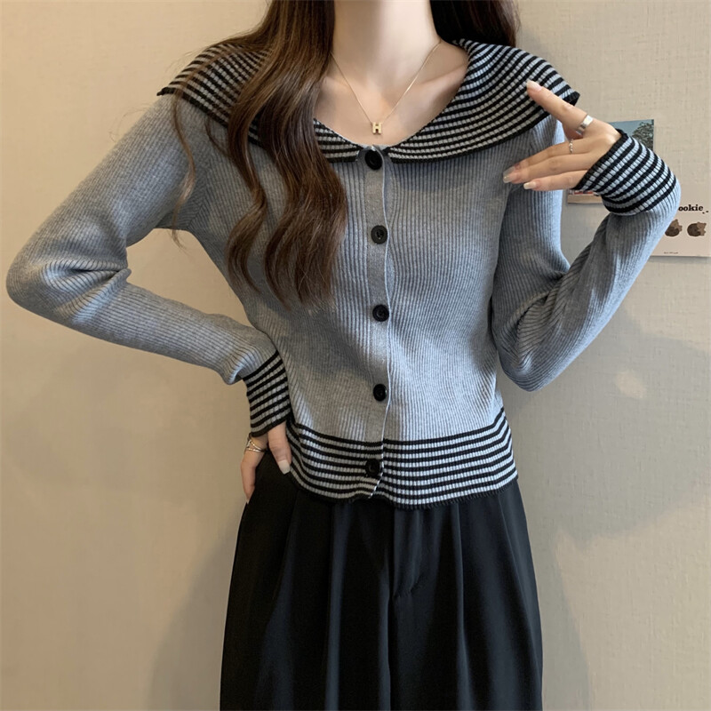 harajuku Ženski pulover proljeće jesen Pleteni kardigan Mornarski ovratnik tanki donji dio Majica na pruge Mekana pletiva Džemperi Džemperi