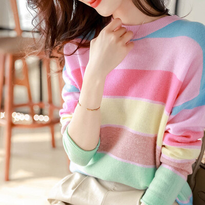 Dugine pruge s okruglim izrezom, uske slatke korejske pletenine, ženske proljeće i jesen, ležerne majice s dugim rukavima Chic pletene veste