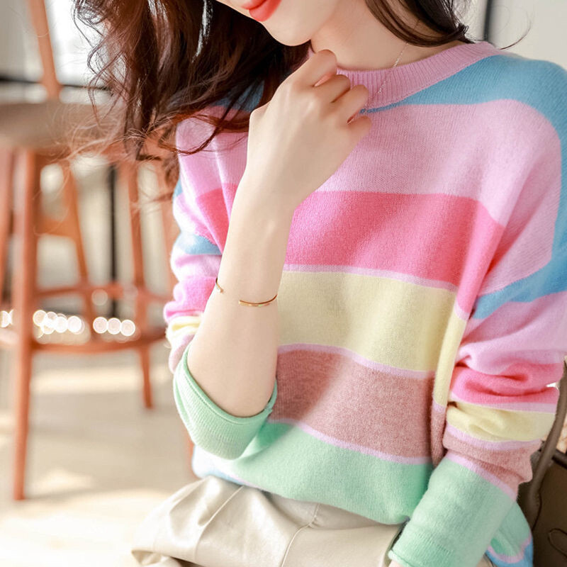 Dugine pruge s okruglim izrezom, uske slatke korejske pletenine, ženske proljeće i jesen, ležerne majice s dugim rukavima Chic pletene veste