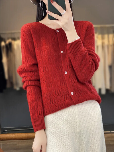 2024. Proljeće Jesen Ženski kardigan Pletena majica od 100% merino vune Ženski pulover dugih rukava s O izrezom Popularna korejska odjeća E1598