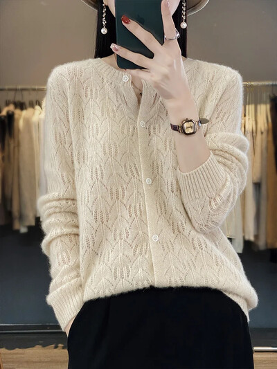 2024. Proljeće Jesen Ženski kardigan Pletena majica od 100% merino vune Ženski pulover dugih rukava s O izrezom Popularna korejska odjeća E1598
