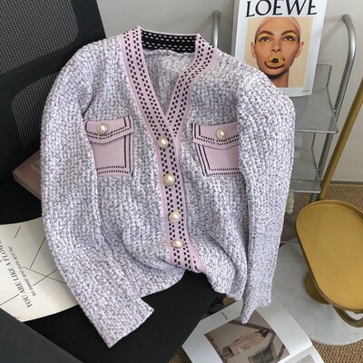 Novo pletivo s V-izrezom Ženski modni kaput Jesen Zima Tanki gumbi Kardigan dugih rukava Ležerna patchwork ženska odjeća za 2023.