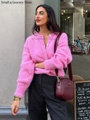 2024. Ženski ružičasti jednoredni pleteni kardigan Slatki ženski pulover s okruglim izrezom dugih rukava Ležerna modna uredska ženska pletenina