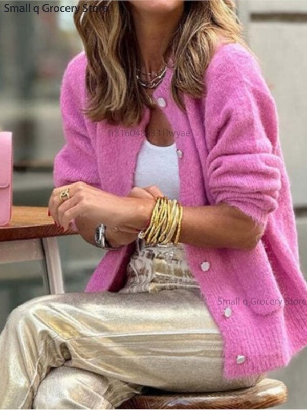 2024. Ženski ružičasti jednoredni pleteni kardigan Slatki ženski pulover s okruglim izrezom dugih rukava Ležerna modna uredska ženska pletenina