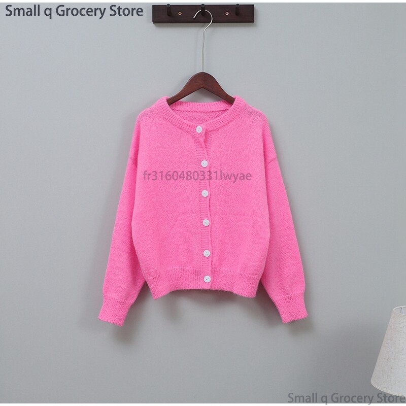 2024. Ženski ružičasti jednoredni pleteni kardigan Slatki ženski pulover s okruglim izrezom dugih rukava Ležerna modna uredska ženska pletenina