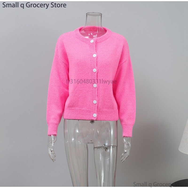 2024. Ženski ružičasti jednoredni pleteni kardigan Slatki ženski pulover s okruglim izrezom dugih rukava Ležerna modna uredska ženska pletenina