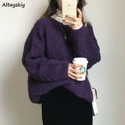 Pulovere Femei Vintage Violet Harajuku Simplu Ulzzang La modă Tricoturi cu mânecă lungă Iarnă Toamnă Basic Femeie Pulover Chic