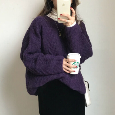 Puloveri Ženski Vintage Ljubičasti Harajuku Jednostavni Ulzzang Trendy Ženska Pletiva Dugih Rukava Zima Jesen Basic Femme Džemper Chic