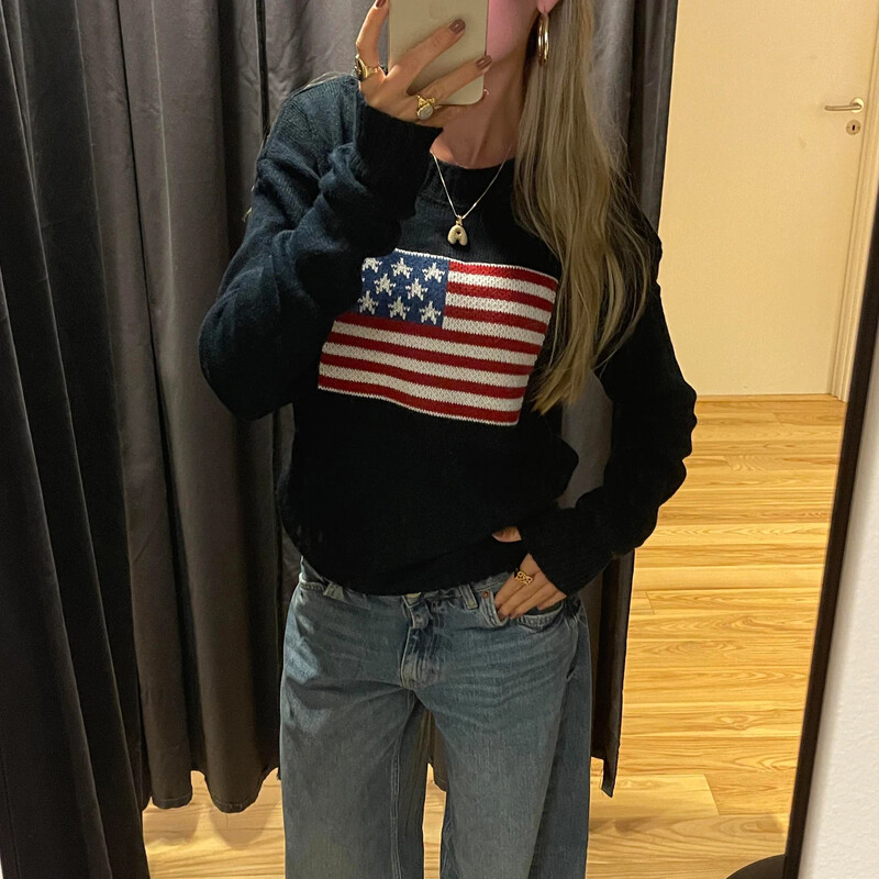 Sieviešu rudens brīvi trikotāžas topi Amerikas karoga apdruka ar garām piedurknēm džemperi rudens ziema, silts trikotāža ikdienas džemperi