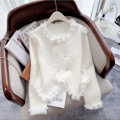 Ūdeles flīsa jaka džemperis, sieviešu mētelis, jauna dizaina ausu malas mežģīnes, īsa jaka sieviešu divrindu trikotāžas tops 3229