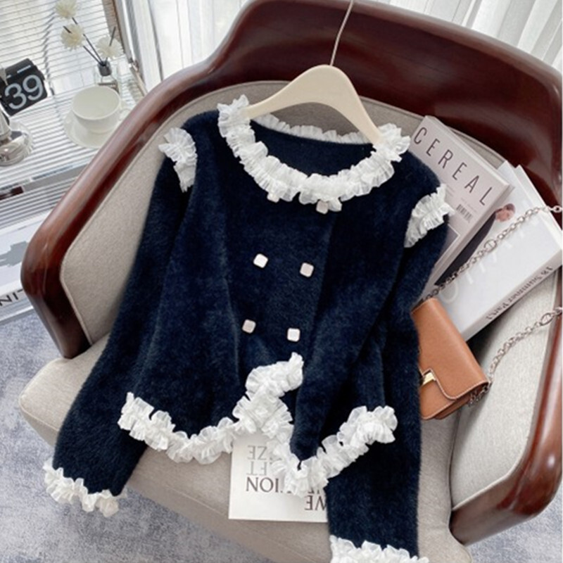 Ūdeles flīsa jaka džemperis, sieviešu mētelis, jauna dizaina ausu malas mežģīnes, īsa jaka sieviešu divrindu trikotāžas tops 3229