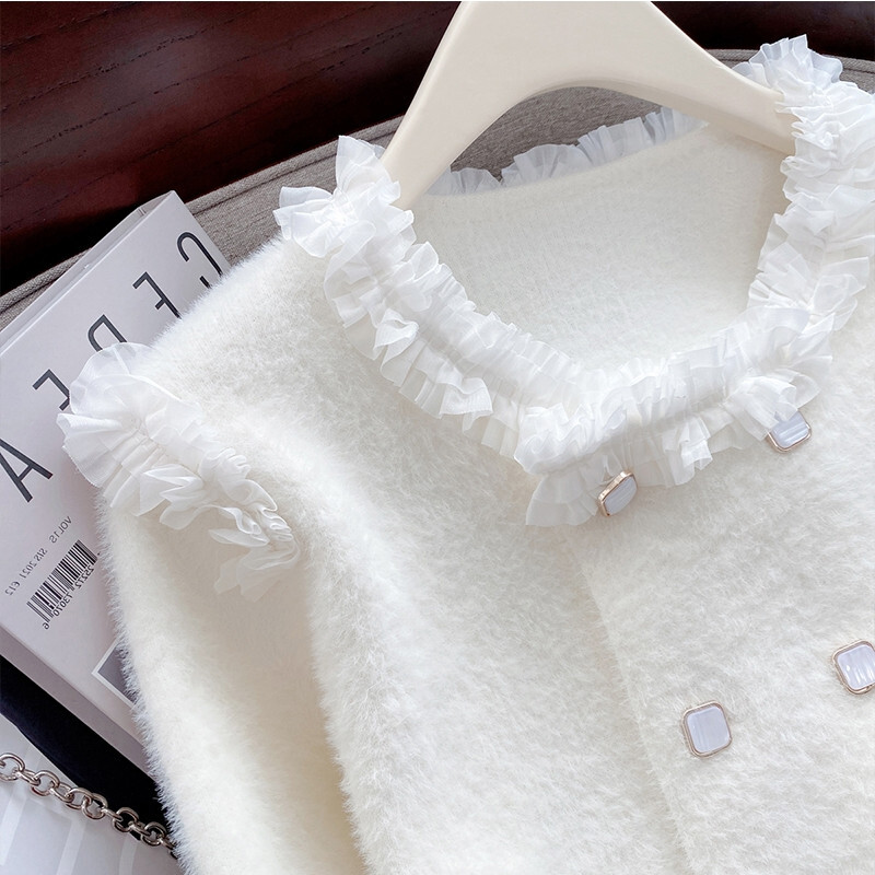 Ūdeles flīsa jaka džemperis, sieviešu mētelis, jauna dizaina ausu malas mežģīnes, īsa jaka sieviešu divrindu trikotāžas tops 3229