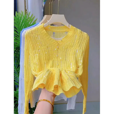 Rudens jauns, elegants sieviešu džemperis ar fliteriem, ar garām piedurknēm, moderns, izliekts trikotāžas džemperis, sieviešu plāns, ikdienas trikotāža 050P