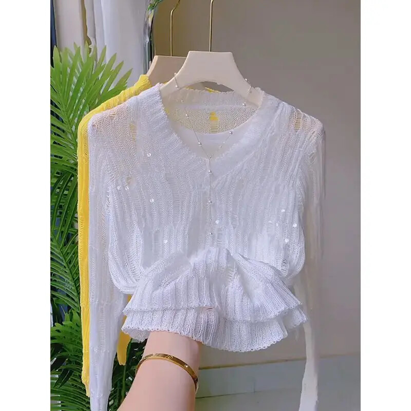 Rudens jauns, elegants sieviešu džemperis ar fliteriem, ar garām piedurknēm, moderns, izliekts trikotāžas džemperis, sieviešu plāns, ikdienas trikotāža 050P