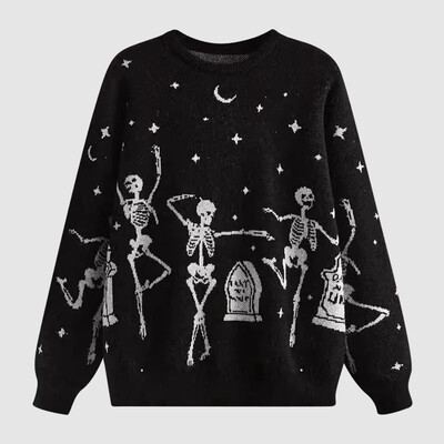 Žieminiai moteriški vintažiniai mezginiai Y2K Skull Graphic Megztiniai Harajuku Oversized Cardigan Megztinis Unisex estetiški drabužiai paaugliams