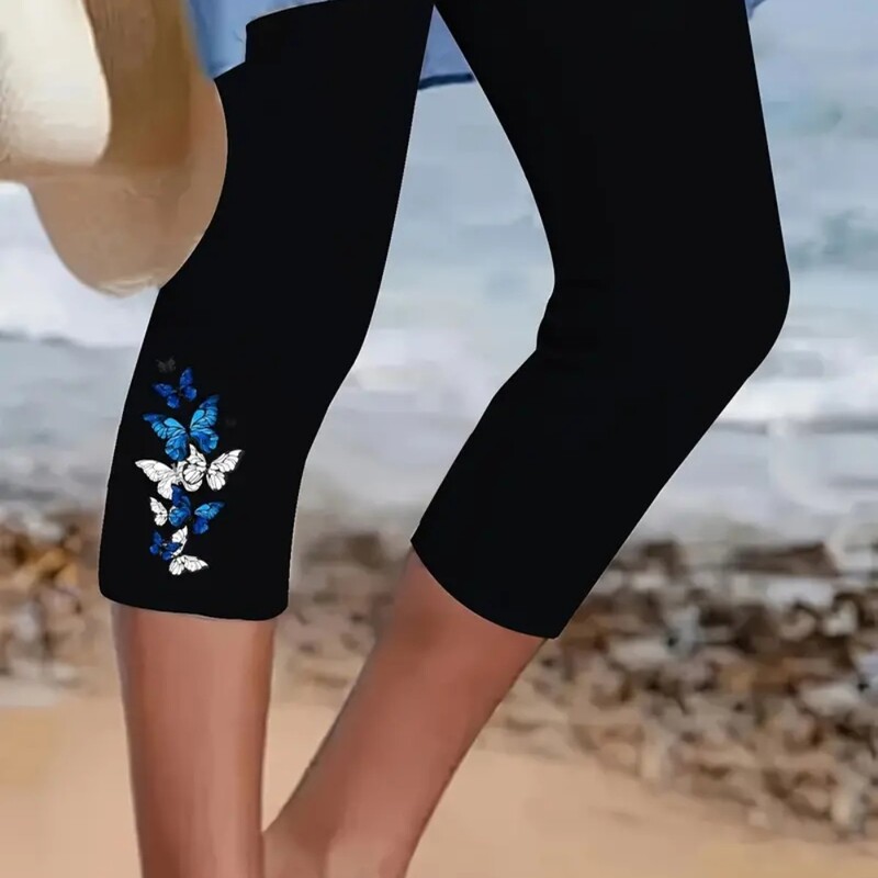 Vasaros naujos drugelio rašto elastinės elastinės juosmens plonos antblauzdžiai laisvalaikio siauros kaprio kelnės moterims paprastos