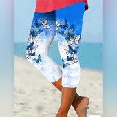 Uske ležerne tajice s rastezljivim elastičnim uzorkom leptira u struku, ženske kapri hlače