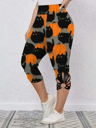 Jambiere Capri de Halloween pentru femei Mărimea Plus 1XL-5XL Leggings Capri cu talie înaltă, cu imprimeu de pisici și dovleac, pentru femei