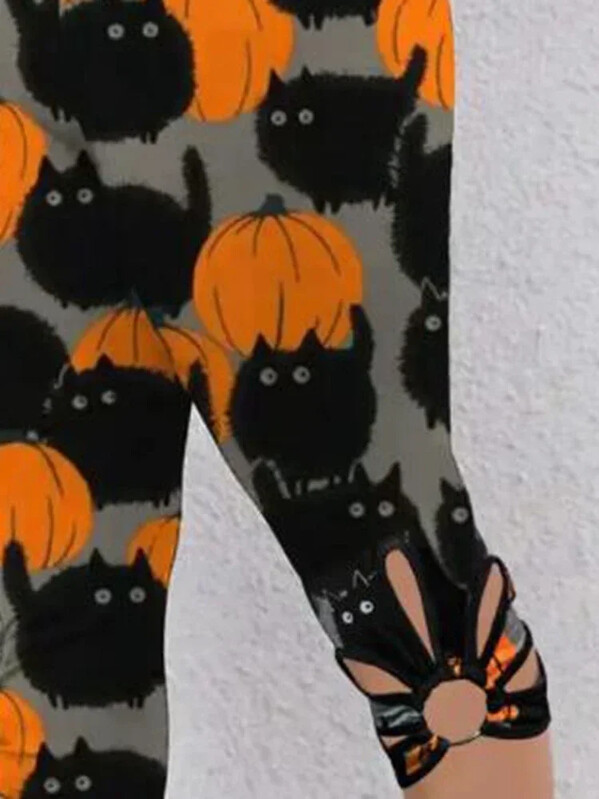 Ženske velike veličine 1XL-5XL Ležerne kapri tajice za Noć vještica Ženske pune kapri tajice s printom mačaka i bundeve Visoke kapri tajice