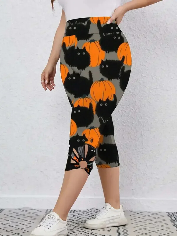 Ženske velike veličine 1XL-5XL Ležerne kapri tajice za Noć vještica Ženske pune kapri tajice s printom mačaka i bundeve Visoke kapri tajice