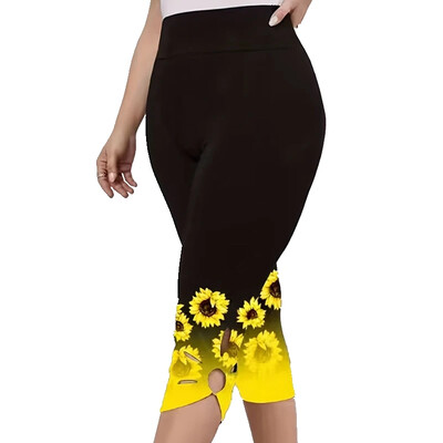 Nagy méretű női napraforgómintás tökéletes alkalmi leggings, divatos kivágás, kényelmes, finom Capri kanyargós női viselet