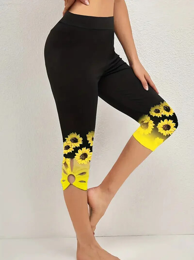 Pantaloni de damă cu imprimeu floarea-soarelui de mărime mare, leggings ocazionali perfecti, decupați la modă, îmbrăcăminte capri cu curbate confortabile, pentru femei