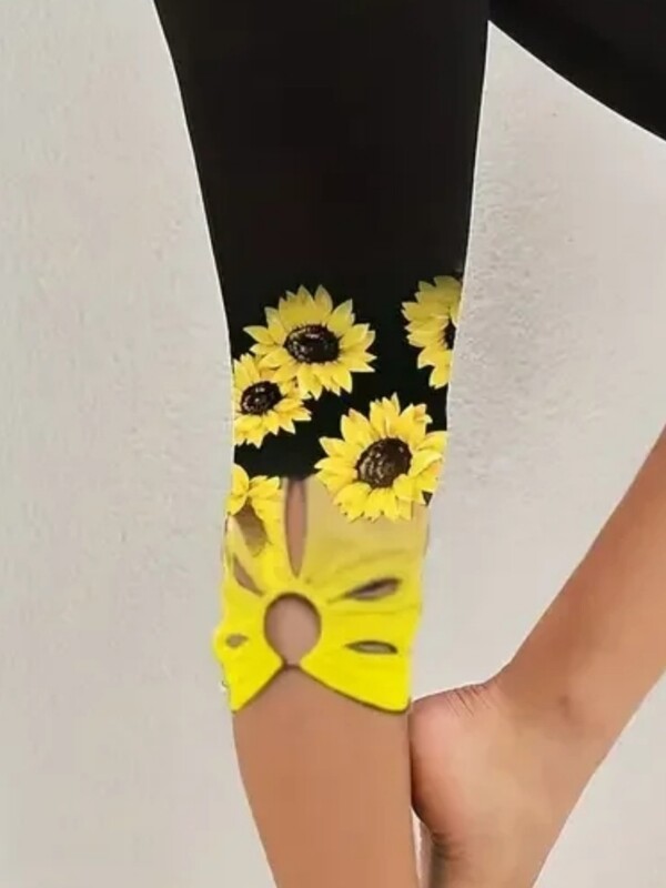 Nagy méretű női napraforgómintás tökéletes alkalmi leggings, divatos kivágás, kényelmes, finom Capri kanyargós női viselet