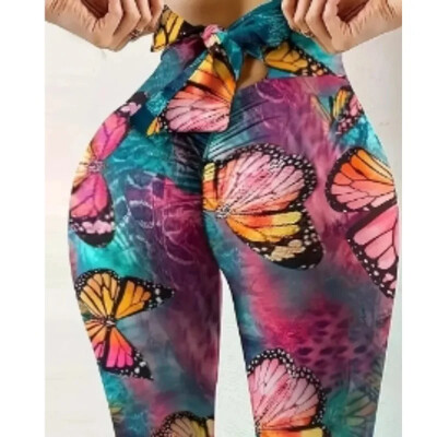 Leggings de vară pentru femei, cu imprimeu de fluturi de mărime mare, în spatele taliei, sport casual, fitness, yoga, cu talie înaltă.