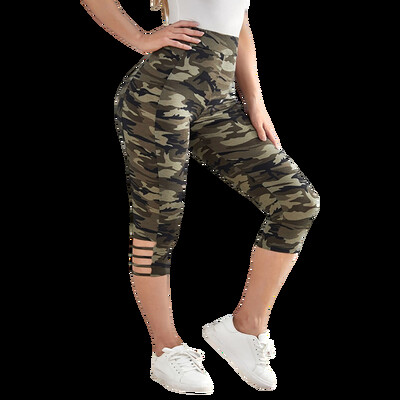 Jambiere Capri Camo Camo de mărime mare, cu decupaje în dungi laterale, eleganti, cu elasticitate ridicată, tricot, pantaloni casual sport la modă