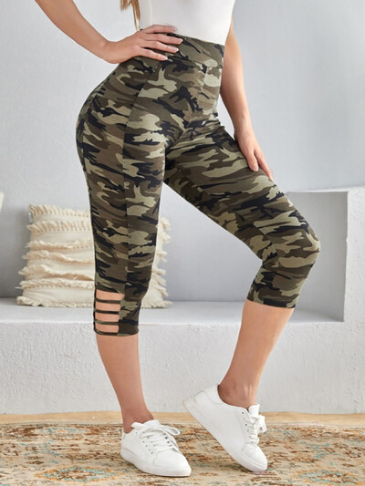 Jambiere Capri Camo Camo de mărime mare, cu decupaje în dungi laterale, eleganti, cu elasticitate ridicată, tricot, pantaloni casual sport la modă