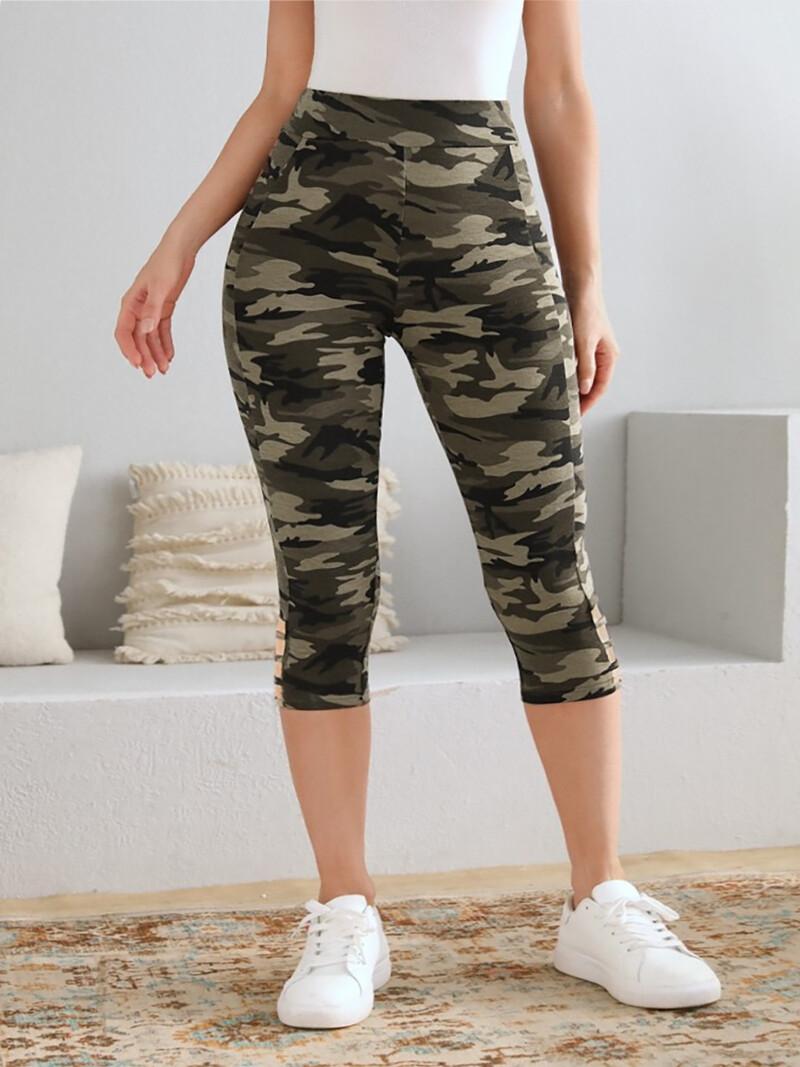 Jambiere Capri Camo Camo de mărime mare, cu decupaje în dungi laterale, eleganti, cu elasticitate ridicată, tricot, pantaloni casual sport la modă