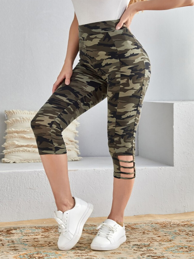 Jambiere Capri Camo Camo de mărime mare, cu decupaje în dungi laterale, eleganti, cu elasticitate ridicată, tricot, pantaloni casual sport la modă