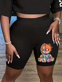 Nagy méretű női alkalmi rövidnadrág, nyári plusz rajzfilm figuranyomtatás, magas emelkedés, nagy rugalmasságú rövidnadrág Sport leggings