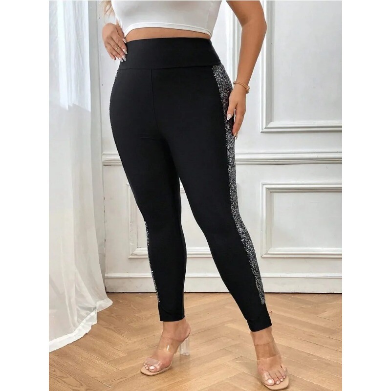 Ženske 1XL-5XL veće veličine, elegantne jednobojne rastezljive tajice, modne uske hlače sa šljokicama sa strane, ženske odjeće