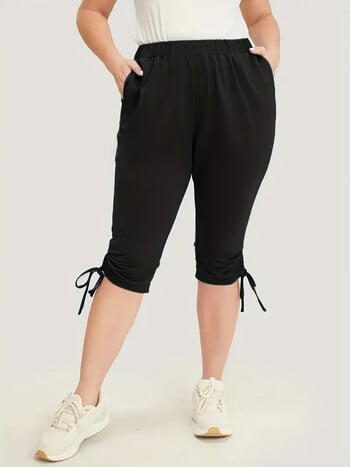 Plus Size 1XL-5XL Γυναικείο κορδόνι για ελαφρύ Stretch Fitness Παντελόνι Capri με τσέπες Μινιμαλιστικό μοντέρνο άνετο κολάν