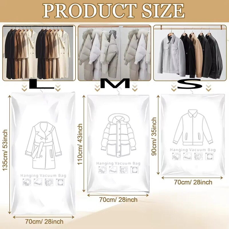 Rippuvad vaakumhoiukotid, rippuvad ruumisäästlikud kotid, rippuvad hoiukotid riiete jaoks, vaakumkinnitusega ülikonnad, kleit, jope