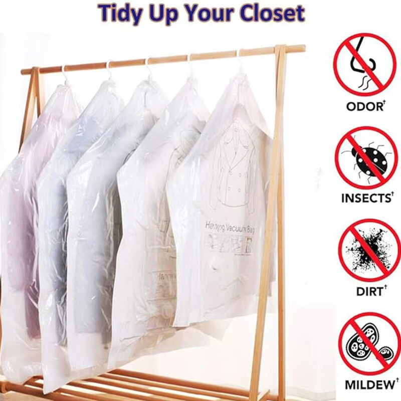 Rippuvad vaakumhoiukotid, rippuvad ruumisäästlikud kotid, rippuvad hoiukotid riiete jaoks, vaakumkinnitusega ülikonnad, kleit, jope