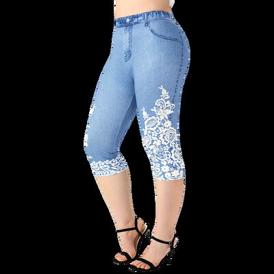 Pantaloni de damă de mărime mare, imitație denim, capri strâmți, cu elasticitate ridicată, tricotate, leggings casual